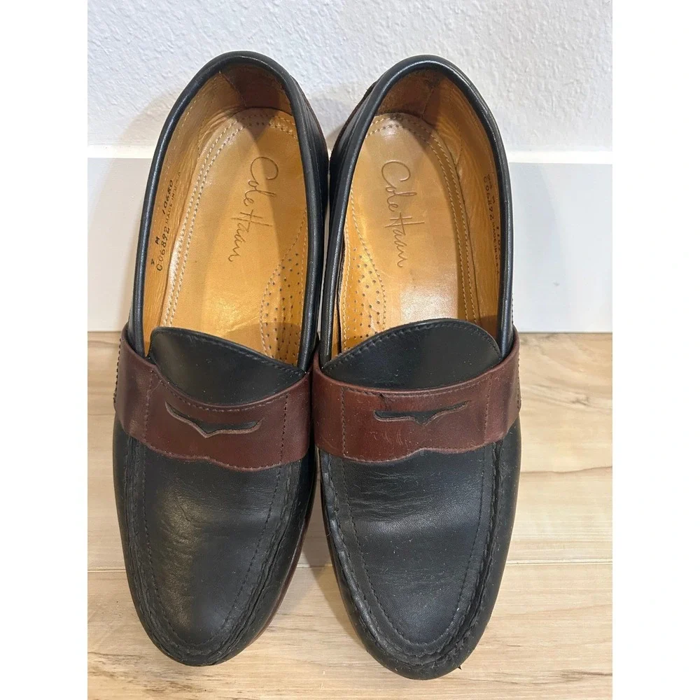 Cole Haan Mens Black‎ Brown Leather Penny Loafer Shoes 9.5 Slip-Ons Minimalist
